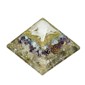 Golden Rutilated Quartz Orgonite Pyramid – Amethyst, Aquamarine, Selenite & Copper for Intuition, Clarity, Cleansing & Energy Amplification - Heavenly Crystals Online