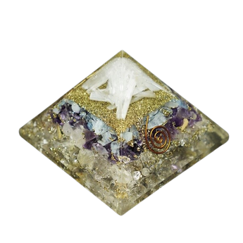 Golden Rutilated Quartz Orgonite Pyramid – Amethyst, Aquamarine, Selenite & Copper for Intuition, Clarity, Cleansing & Energy Amplification - Heavenly Crystals Online