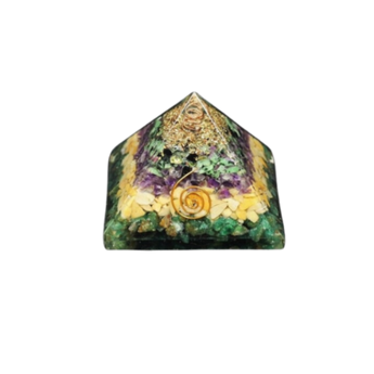 Green Aventurine, Yellow Jasper, Amethyst, Ruby Zoisite & Clear Quartz Orgonite Pyramid (321g) – Balance, Strength & Heart‑Centered Energy Alignment - Heavenly Crystals Online