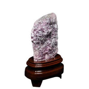 Pink Kunzite Raw with Mica on wooden base - 525 grams