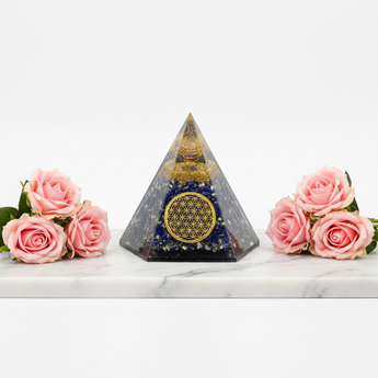 Lapis Lazuli & Clear Quartz Orgonite Hexagonal Pyramid with Flower of Life (320g) – Wisdom, Clarity & Sacred Geometry Protection - Heavenly Crystals Online