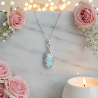 Larimar Oval Pendant 925 Sterling Silver with chain (C) - Genuine Caribbean Blue Crystal - Heavenly Crystals Online