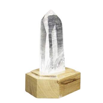 Lemurian Quartz with Channeling Face Point (521g) on Wooden Stand – Clarity, Guidance & Light‑Code Activation - Heavenly Crystals Online