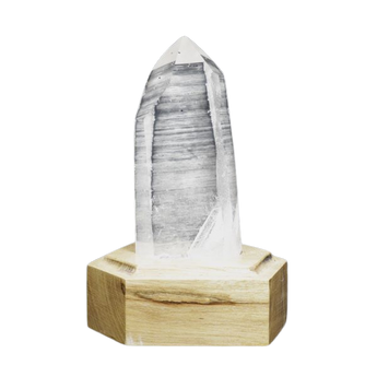Lemurian Quartz with Channeling Face Point (521g) on Wooden Stand – Clarity, Guidance & Light‑Code Activation - Heavenly Crystals Online