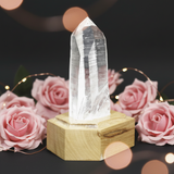 Lemurian Quartz with Channeling Face Point (521g) on Wooden Stand – Clarity, Guidance & Light‑Code Activation - Heavenly Crystals Online