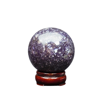Lepidolite with Mica Sphere with Wooden Stand (593g) – Calming, Stabilising & High‑Vibration Mica Shimmer - Heavenly Crystals Online