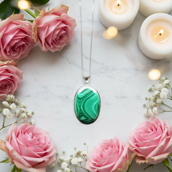 Malachite Oval Pendant Genuine in 925 Sterling Silver with chain (A) - Heart Chakra & Transformation - Heavenly Crystals Online