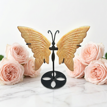 Peach Moonstone Butterfly Carving on Metal Stand (215g) - Intuition & New Beginnings - Heavenly Crystals Online