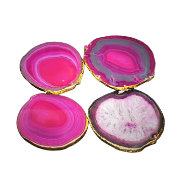 Pink Agate Gold Rim Coasters – Natural Stone Slice Drink Coasters (Set of 4) - Heavenly Crystals Online