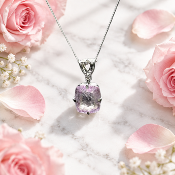 Pink Kunzite Cushion Pendant in 925 Sterling Silver with chain - Emotional healing & Unconditional love - Heavenly Crystals Online