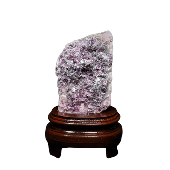 Pink Kunzite with Mica Raw on wooden base - Heavenly Crystals Online