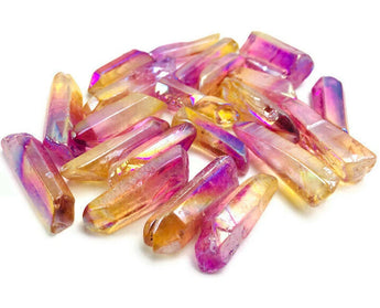 Pink & Yellow Aura Quartz Gridding Points (50g) in Organza Pouch - Joy, Alignment & High‑Vibration Energy - Heavenly Crystals Online