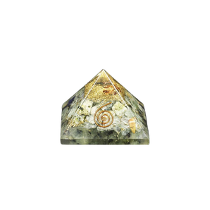 Prehnite, Black Tourmaline, Clear Quartz & Copper Orgonite Pyramid – Protection, Healing & Energy Cleansing - Heavenly Crystals Online
