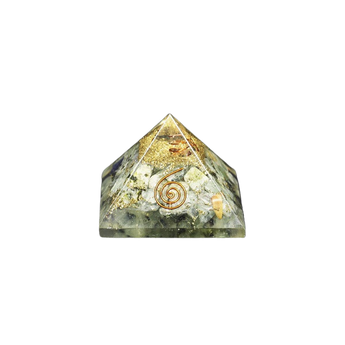 Prehnite, Black Tourmaline, Clear Quartz & Copper Orgonite Pyramid – Protection, Healing & Energy Cleansing - Heavenly Crystals Online