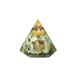 Prehnite, Black Tourmaline & Clear Quartz Orgonite Hexagonal Pyramid (392g) – Heart Healing, Protection & Flower of Life Harmony - Heavenly Crystals Online