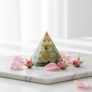 Prehnite, Black Tourmaline & Clear Quartz Orgonite Hexagonal Pyramid (392g) – Heart Healing, Protection & Flower of Life Harmony - Heavenly Crystals Online