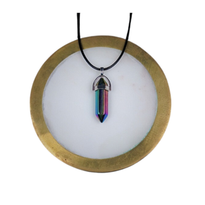 Rainbow Aura Hematite Double Terminated Pendant with Black Cord – Protection & Energy Shield Necklace - Heavenly Crystals Online