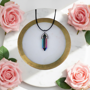 Rainbow Aura Hematite Double Terminated Pendant with Black Cord – Protection & Energy Shield Necklace - Heavenly Crystals Online