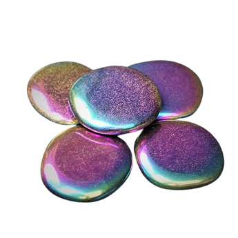 Rainbow Aura Hematite Flat Worry Stone – Protection, Grounding & Energy Shielding - Heavenly Crystals Online