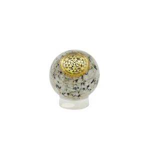 Rainbow Moonstone Orgonite Sphere (129g) with Wooden Stand – Intuition, Balance & Lunar Energy Clearing - Heavenly Crystals Online