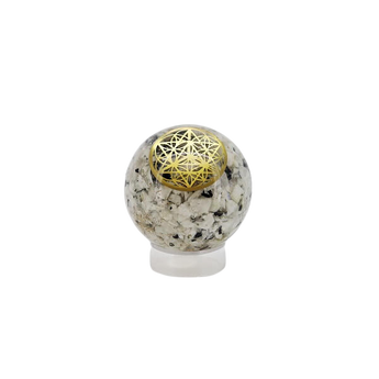 Rainbow Moonstone Orgonite Sphere (131g) with Wooden Stand – Intuition, Balance & Lunar Energy Clearing - Heavenly Crystals Online