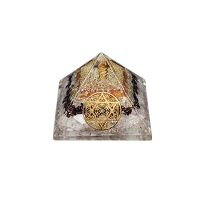 Rose Quartz, Garnet, Golden Rutile Quartz, Carnelian & Clear Quartz Flower of Life Orgonite Pyramid (268g) - Love, Strength, Vitality, Manifestation & Energy Harmony - Heavenly Crystals Online