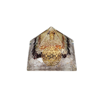 Rose Quartz, Garnet, Golden Rutile Quartz, Carnelian & Clear Quartz Flower of Life Orgonite Pyramid (268g) - Love, Strength, Vitality, Manifestation & Energy Harmony - Heavenly Crystals Online