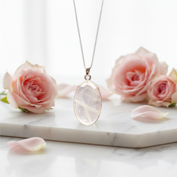 Rose Quartz Oval Pendant in 925 Sterling Silver with chain (A) Heart Chakra & Love Crystal - Heavenly Crystals Online