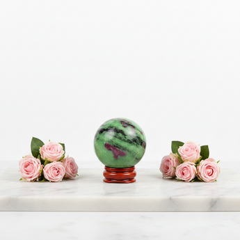 Ruby Zoisite Sphere with Wooden Stand (151g) – Passion, Strength & Emotional Healing - Heavenly Crystals Online