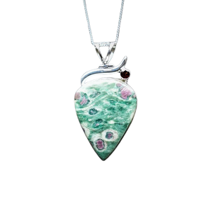 Ruby in Fuchsite with Garnet Tear Drop Pendant 925 Sterling Silver with chain - Emotional Healing & Courage and Strength - Heavenly Crystals Online