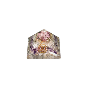Selenite, Amethyst, Clear Quartz, Rhodonite, Copper Orgonite Pyramid