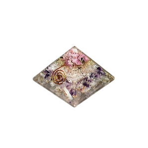 Selenite, Amethyst, Clear Quartz, Rhodonite, Copper Orgonite Pyramid