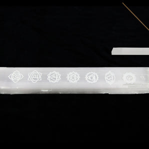 Selenite Incense Holder with Chakra Design with a incense stick