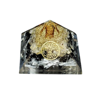 Selenite, Black Tourmaline, Golden Rutile & Clear Quartz Tree of Life Orgonite Pyramid - Cleansing, Protection, Manifestation & Energy Alignment - Heavenly Crystals Online