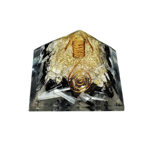 Selenite, Black Tourmaline, Golden Rutile & Clear Quartz Tree of Life Orgonite Pyramid - Cleansing, Protection, Manifestation & Energy Alignment - Heavenly Crystals Online