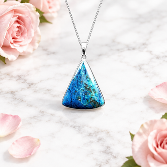 Shattuckite Triangle Pendant in 925 Sterling Silver with Chain – Intuition & Clarity - Heavenly Crystals Online