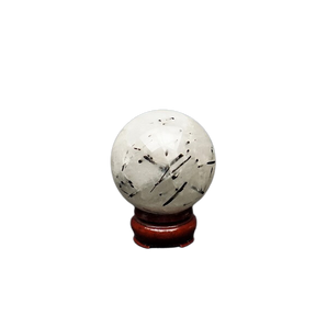 Tourmalinated Quartz Sphere with wooden stand (214g) – Protection, Clarity & Energy Shielding - Heavenly Crystals Online