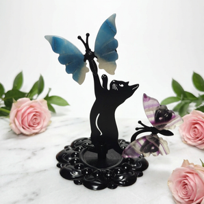 Trolleite Quartz and Fluorite Butterfly & Cat Figurine Stand – Crystal Display Holder & Whimsical Decor - Heavenly Crystals Online