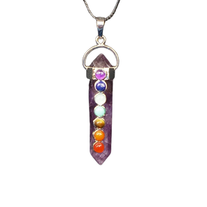 Amethyst 7 Chakra Double Terminated Pendant with black cord