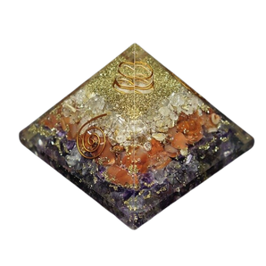 Amethyst, Carnelian, Golden Rutilated Quartz, Clear Quartz, Flower of Life Orgonite Pyramid - 248 grams