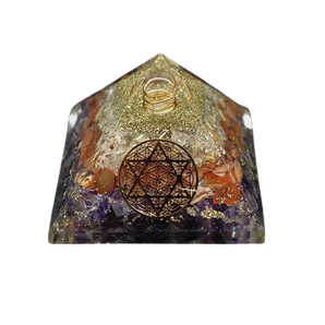 Amethyst, Carnelian, Golden Rutilated Quartz, Clear Quartz, Flower of Life Orgonite Pyramid - 248 grams