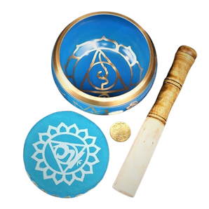 Blue Brass Singing Tibetan Bowl includes Striker and Cushion - Throat Chakra - Communication