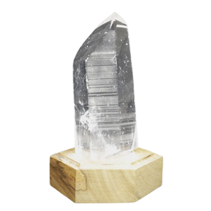 Lemurian Quartz with Channeling Face Point on wooden stand