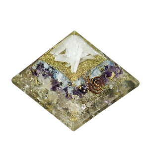 Golden Rutilated Quartz, Amethyst, Aquamarine, Selenite, Copper Orgonite Pyramid - 234 grams