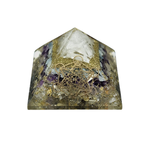 Golden Rutilated Quartz, Amethyst, Aquamarine, Selenite with Metatron's Cube & Platonic Solid Orgonite Pyramid - 229 grams