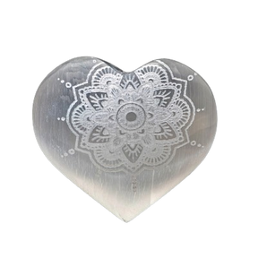 Selenite Engraved Flower Heart - 7cm to 8cm