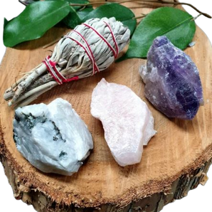 Crystal Wellbeing Pack - Amethyst, Moonstone, Rose Quartz & White Sage Smudge Stick Small Size