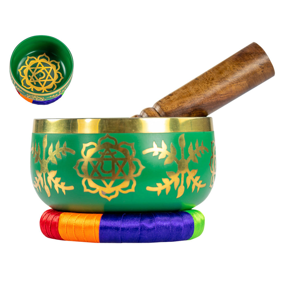 Green Brass Singing Tibetan Bowl includes Striker and Cushion - Heart Chakra - Love and Healing - Heavenly Crystals Online