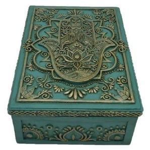 Hamsa Hand Turquoise & Gold Tarot Box – Resin Sacred Storage for Tarot & Crystals - Heavenly Crystals Online