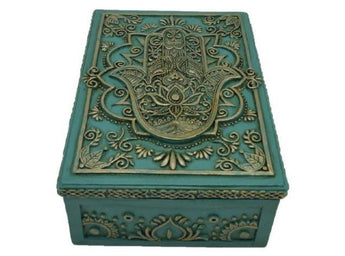 Hamsa Hand Turquoise & Gold Tarot Box – Resin Sacred Storage for Tarot & Crystals - Heavenly Crystals Online